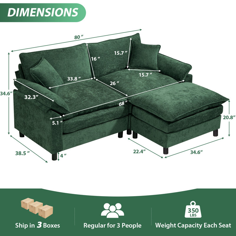 Upholstered L-Shape Sectional With Ottoman, 34.6" H x 80" W x 57.8" D, Green Chenille