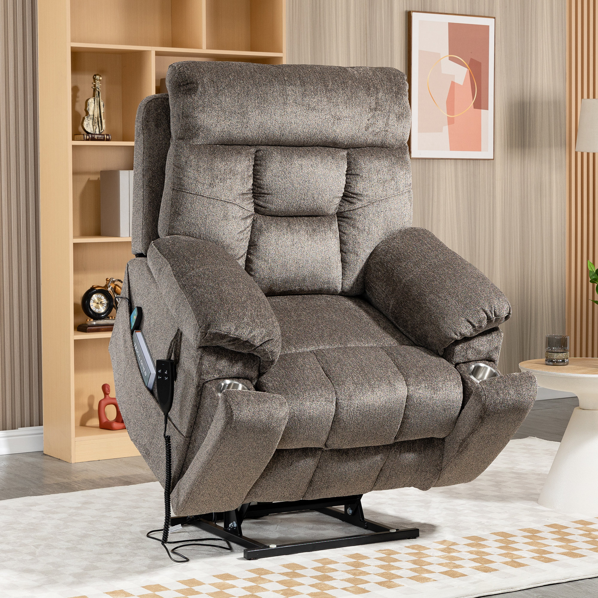 Oversized Power Lift Recliner Chair with Lumbar Pillow, Table Board, Cup  Holder, Wireless Charging, 180 Degrees Lying Flat, Heat and Massage, Large Recliner  Chair for Living Room, Light Brown 