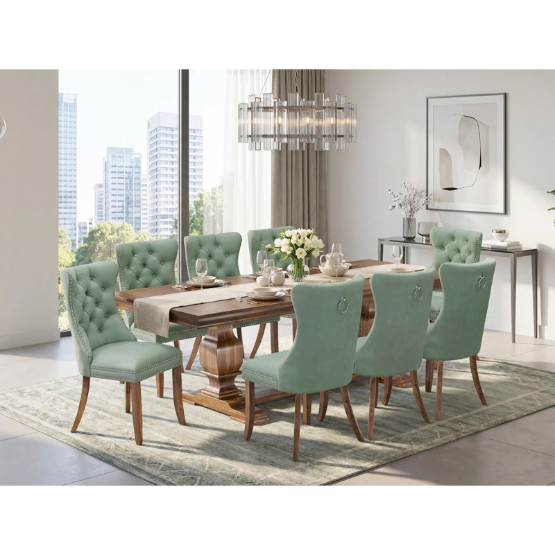 9-piece Dining Room Set includes a Kitchen Table and 8 Willow Green Polyester fabric Modern Dining Chairs with Button tufted Back - Antique Walnut Finish
