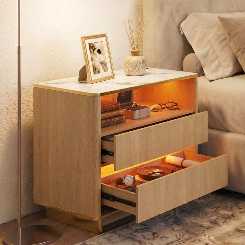 Table de chevet intelligente à 2 tiroirs de 50 cm (19,7 po) de largeur, avec éclairage DEL RVB contrôlé par application et station de recharge