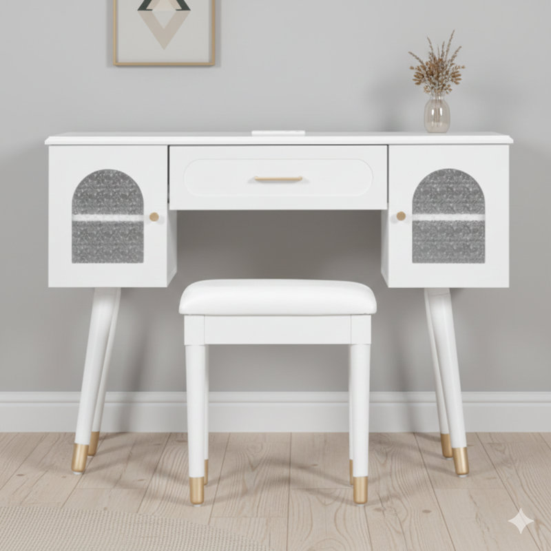 Elegant Vanity Makeup Table And Chair Set. A Modern Dressing Table With An Organizer, Can Also Function As A Writing Desk, And Includes A Charging Port, In White.