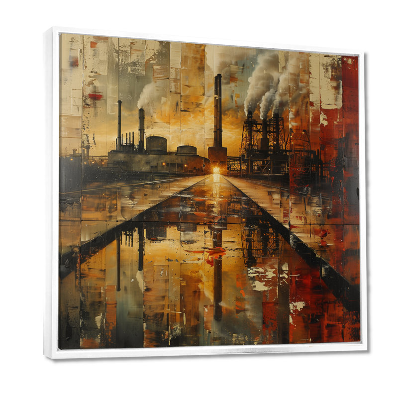 Reproduction d'art mural Vintage Polution Factory Track I - Factories, Toile encadrée flottée blanche