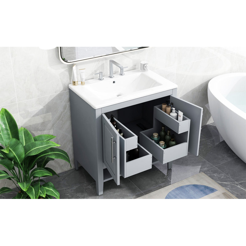 30" Bathroom Vanity With Sink, Multi-Functional Bathroom Cabinet With Doors And Drawers, Solid Frame And MDF Board, Grey