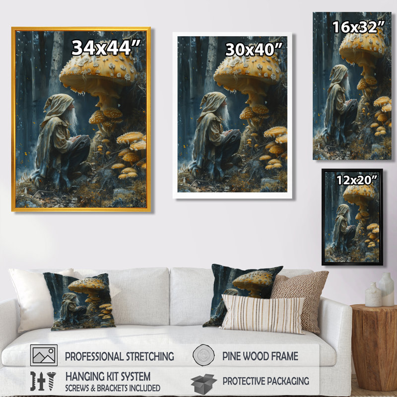 Fellowship gnome jaune gris - salon d'art mural gnome, H 30 po x l 40 po, Cadre pour photo simple noir, bois massif