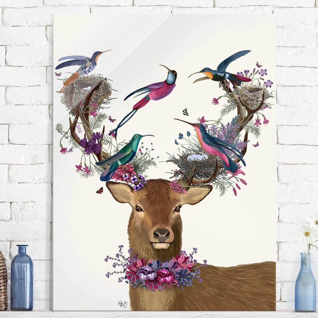 Glasbild Deer Antler with Pigeons