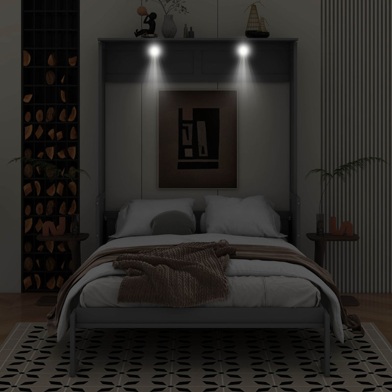 Grand lit escamotable avec bureau, lumières DEL et USB, Gris