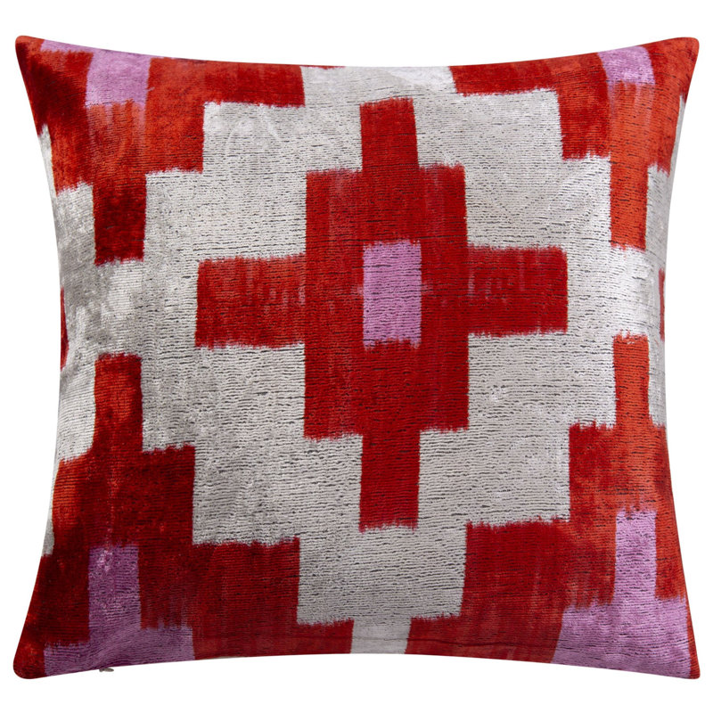 Coussin décoratif en velours fait à la main - 16 po x 16 po, teint naturellement végétal, plumes en duvet de qualité supérieure - motif géométrique en croix rouge, rose et beige, décoration de luxe