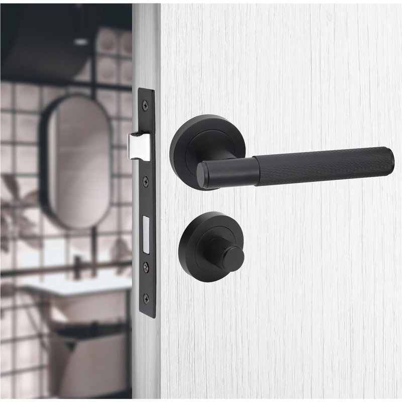 Linear T-Bar Bathroom Door Handle Set in Matt Black with Thumbturn and Dead Bolt, Ball Bearing Hinges