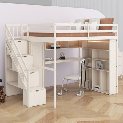Space-Saving Loft Bed Frame with Integrated Wardrobe, Desk, Shelves and Lights