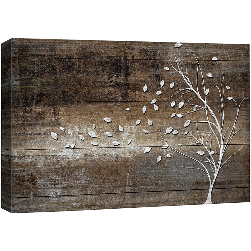 «Leaves Blown Away By Wind From Tree Wood Effect Rustic Large», reproduction d'art sur toile encadrée, H 12 po x l 18 po