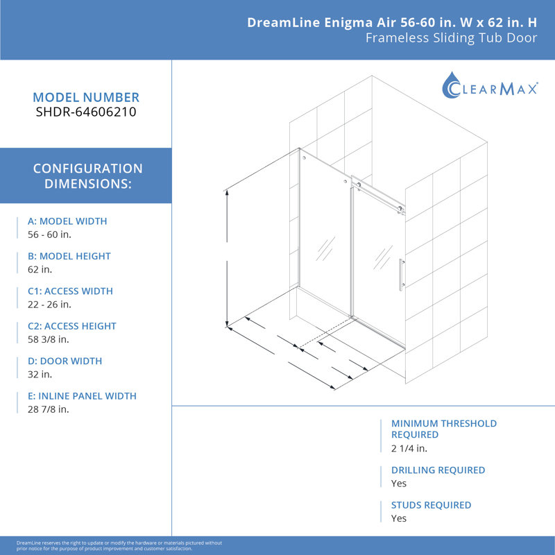 Enigma Air 56" W x 62" H Single Sliding Frameless Tub Door, Polished Stainless Steel