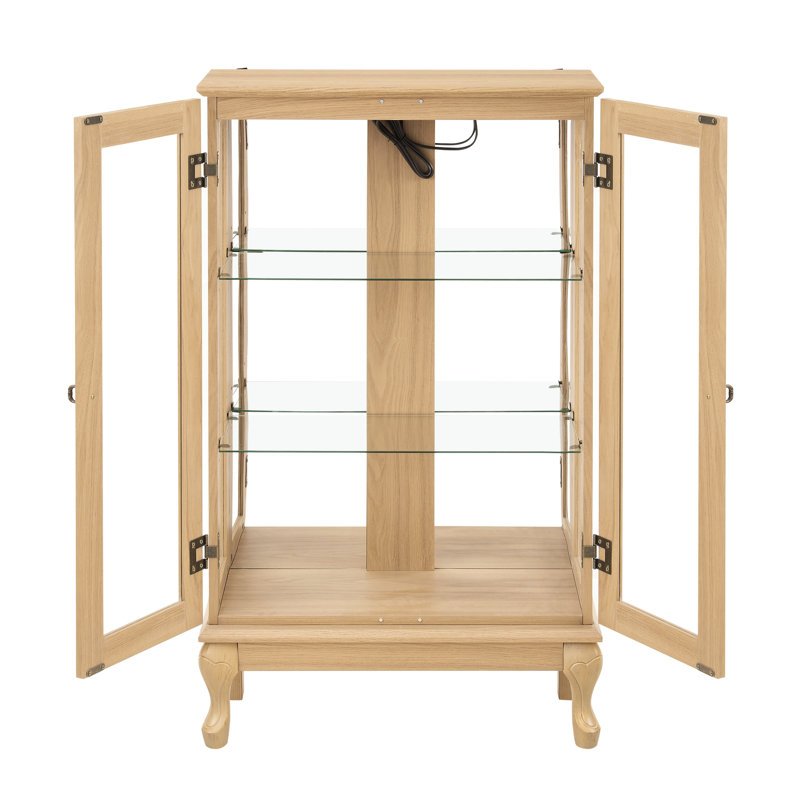 Elegant Display Cabinet With Lighted Interior And Adjustable Shelves - Fits Any Corner, Oak Tempered Glass Doors, Oak