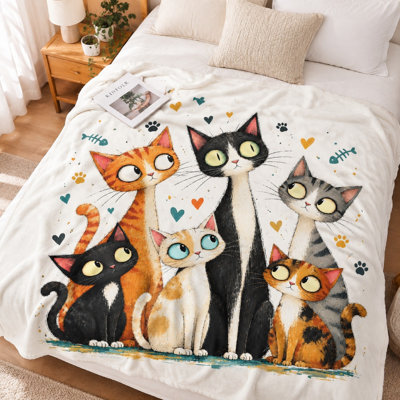 1Pièce couverture en flanelle à motif de chat adorable - Design familial fantaisiste; Doux et confortable Literie et articles de canapé