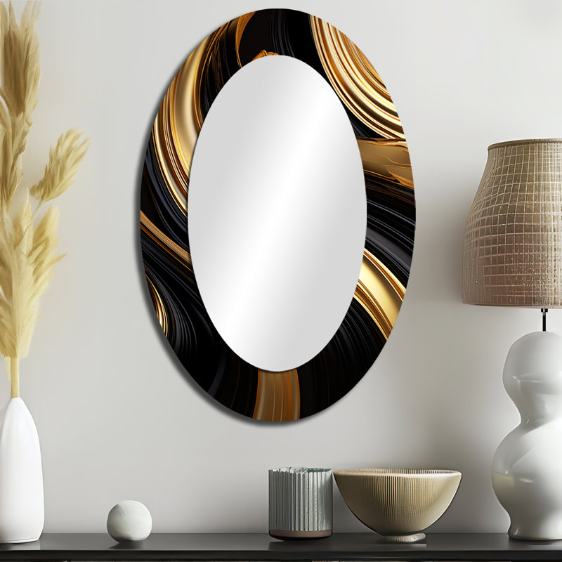 Abstrait abstrait liquide or et noir I - miroir mural moderne ovale doré, 36 po x 24 po