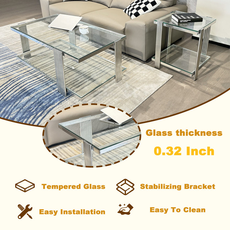 Table basse Clate, Argent, Transparent