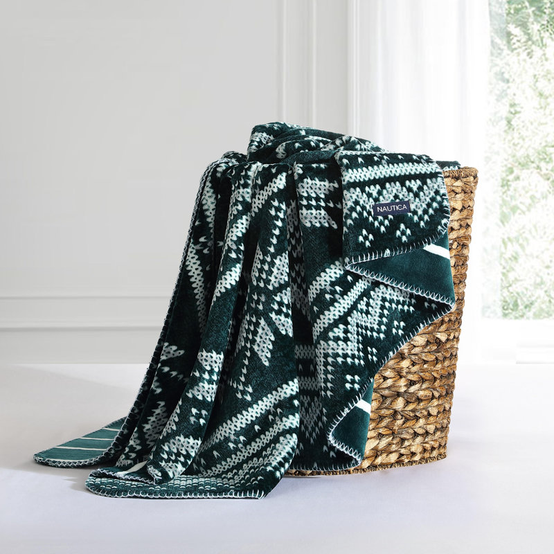 Green and White Knitted Fleece Reversible Throw Blanket