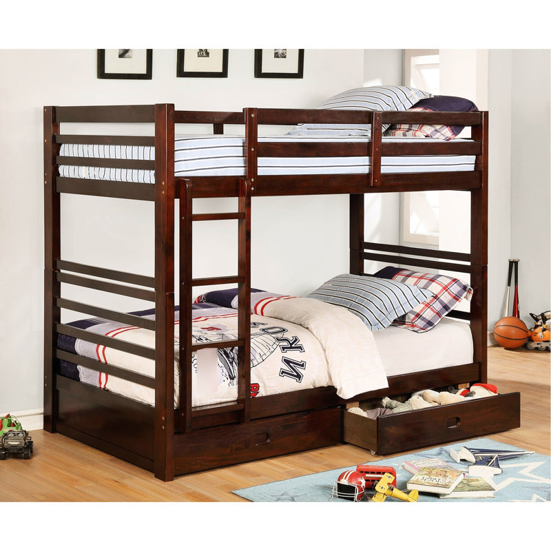 Lit simple superposé simple au design transitionnel, bois massif noyer foncé, deux tiroirs pour la chambre à coucher, attaché, 10 pièces Lattes, Insert - Rails à joint verrouillés, Arrangement,