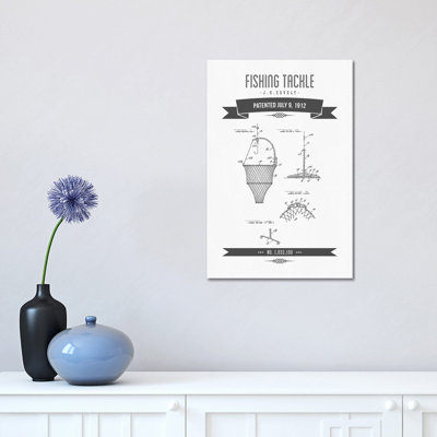 J.H. Zevely Fishing Tackle Patent Sketch Retro (Charcoal) by Aged Pixel - Wrapped Canvas Gallery-Wrapped Canvas Giclée