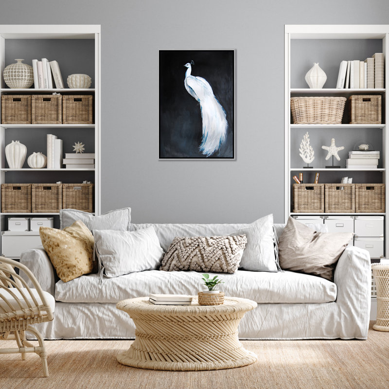 Nature Inspired Alabaster Majesty: White Peacock Against The Night, 40" H x 30" W x 2.375" D, Floater Framed, Silver