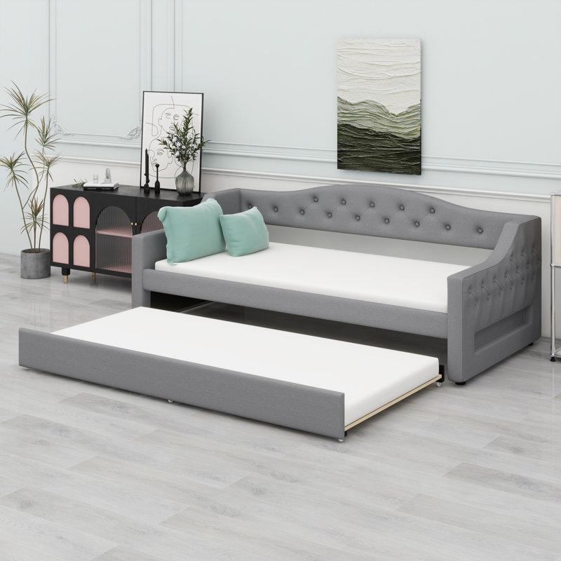 Upholstered Daybed With LED Belt And Trundle, Gray