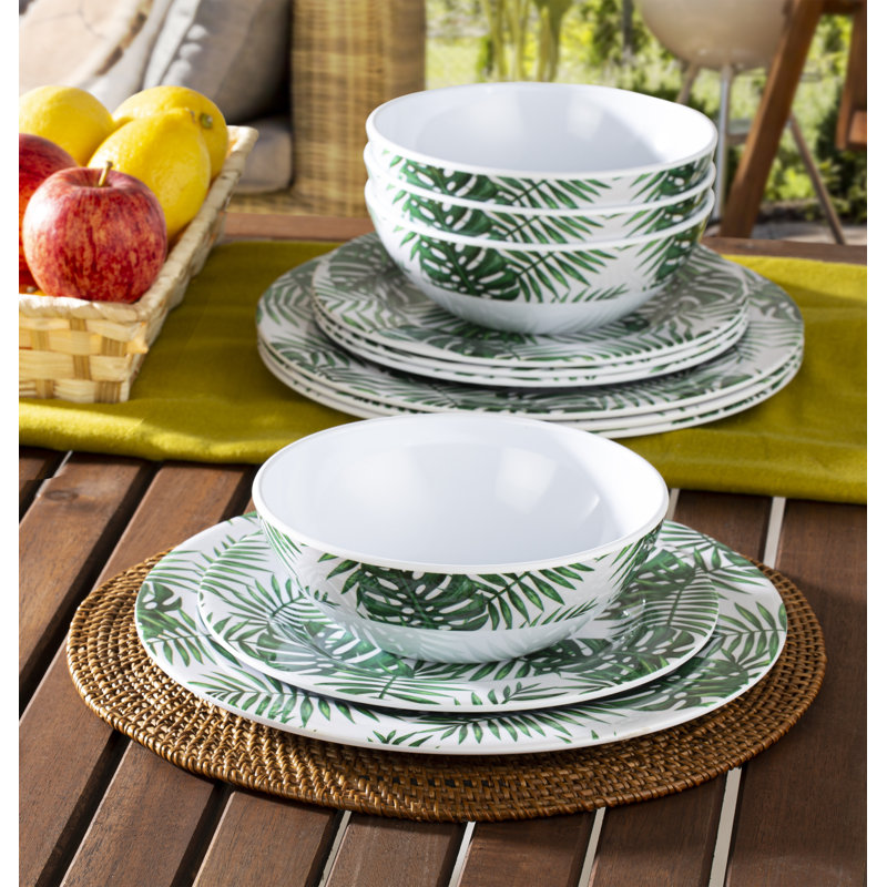 12pc Green Leaves Melamine Dinner Set