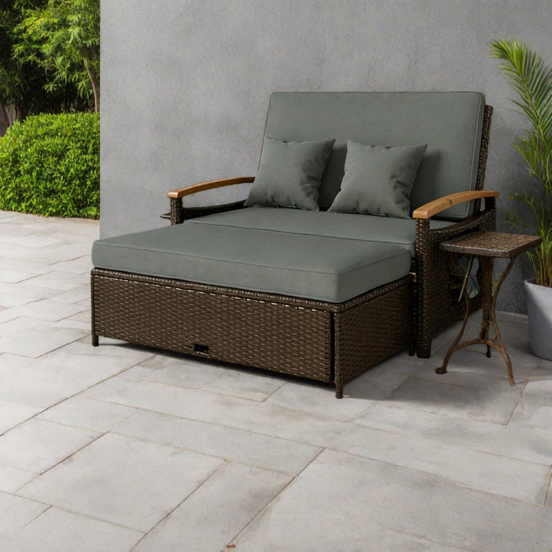 Canapé-lit de patio multifonctionnel, en acier durable et en osier, chaise longue d'extérieur moderne avec rangement