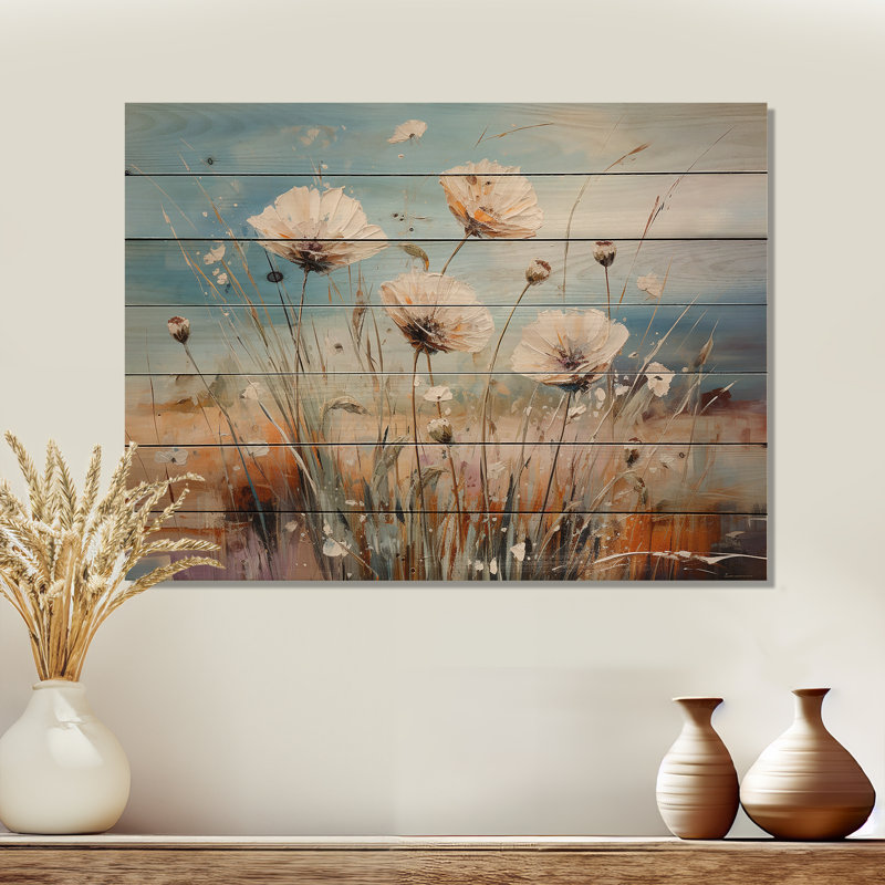 Minimal Dandelion Charm - Flowers Wood Wall Art On Natural Pine Wood, 24" H x 32" W