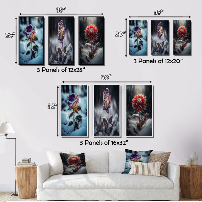 «A Blooming Purple Rose Flower In Winter», 3 pièces sur toile, Toile tendue, H 40 po x l 60 po