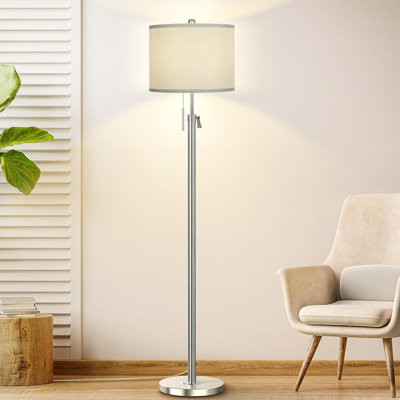 Brushed Nickel Floor Lamp For Living Room, Adjustable Height Standing Lamp With Metal Base, Tall Pole Light With Grey Shade For Bedroom, 8W 4000K 3-Way LED Bulb Included (Brushed Nickel, Grey Shade)