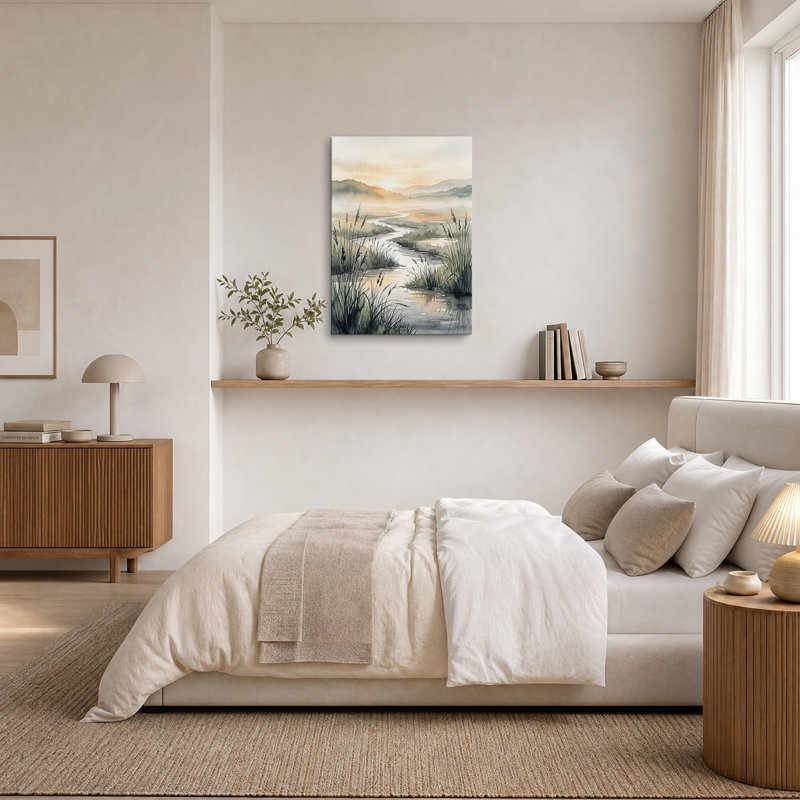 «Winding River and Tall Grass in Aquarelle», art mural sur toile, H 48 po x l 36 po