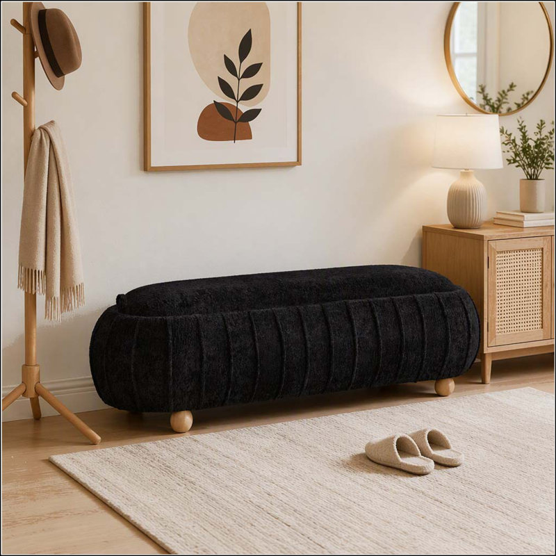 Banc de rangement en chenille 55,25 pouces avec pieds en bois d'hévéa, Noir, Noir