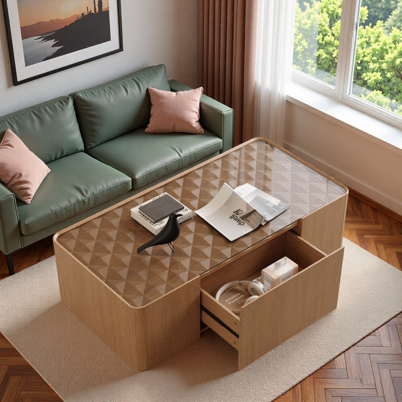 Table basse moderne moderne avec tiroirs de rangement, plateau en verre et base flottante