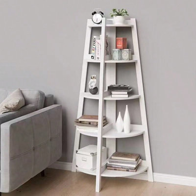 Étagère d'angle haute à 5 niveaux, bibliothèque d'angle moderne avec structure en bois et en métal, support à plantes et à livres polyvalent pour le salon et le bureau personnel