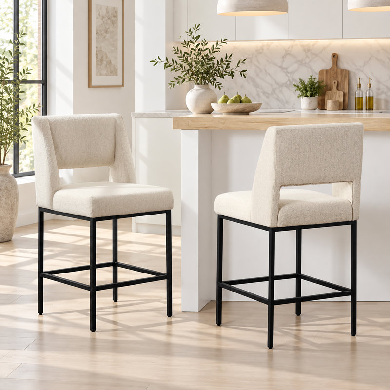 Jenie Modern Upholstered 26.4'' Linen Counter Stool with Metal Frame, Linen Beige