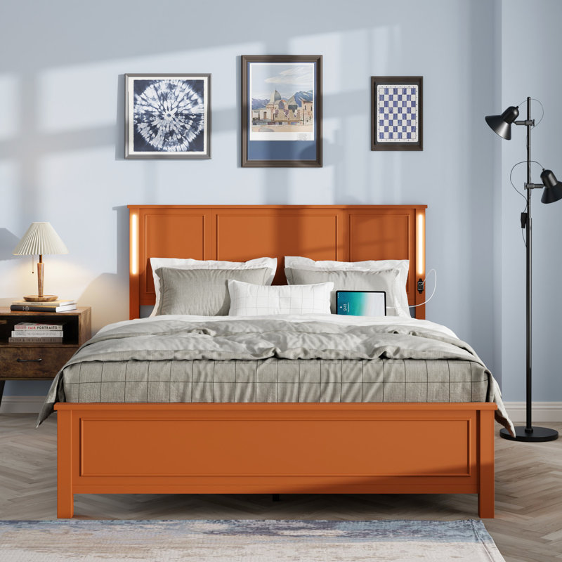 Base de lit plateforme moderne pour grand lit avec tête de lit en bois brun antique, station de charge, lumières à DEL, 12 supports, tête de lit sans sommier et fonction, 12 lattes, ressort,