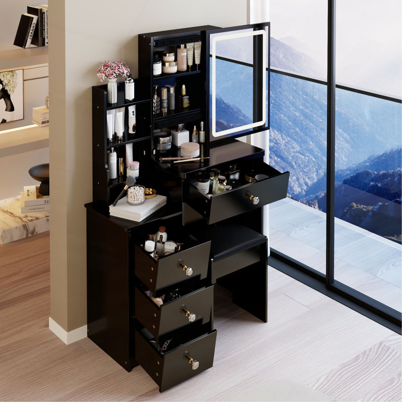 Petite coiffeuse de 29,2 po avec tabouret de chevet gauche + grand tabouret rembourré, commande tactile, interrupteur tricolore, miroir à luminosité réglable, rangement à grande capacité, convient aux petits espaces