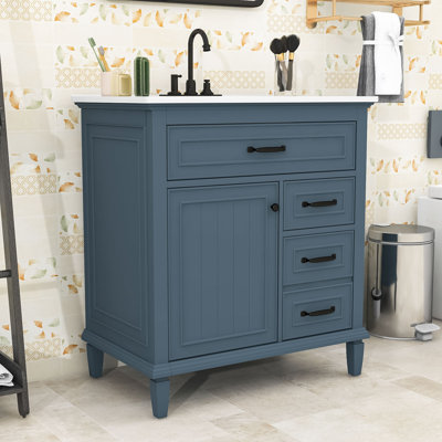 Meuble-lavabo de salle de bain avec comptoir en céramique, tiroirs, tablette réglable et porte à fermeture en douceur