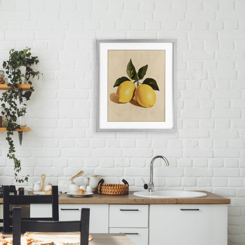 Reproduction sous verre encadrée de citron avec feuilles, design par Petal Prints Design, H 21 po x l 17 po