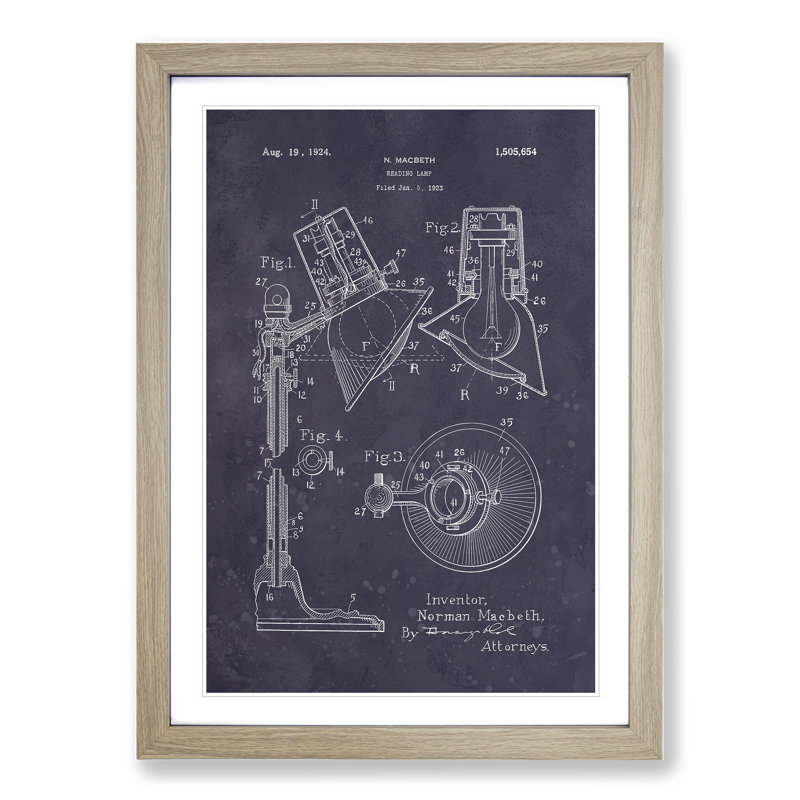 Reading Lamp Patent Dark - Picture Frame Graphic Art, 65cm H x 48cm W x 2cm D, Oak Framed