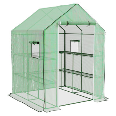 Outsunny 4.6' x 4.7' Portable Walk-In Greenhouse with 2-Tier Shelving, Roll-Up Door and Vented Windows, Green