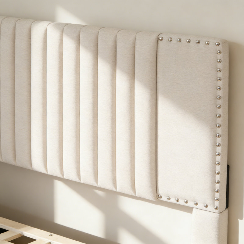 Grand lit plateforme tapissier avec 2 tiroirs et 1 lit gigogne simple TG, tête de lit classique, beige, Grand lit, Beige