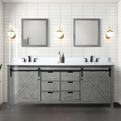 Ash Grey Double Bath Vanity 84 in. W x 22 in. D, White Quartz Countertop, Faucet Set and 34 in. Mirrors