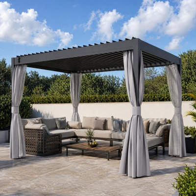 Pergola en aluminium 10 * 13FT avec toit à persiennes et rideaux réglables, toit rigide avec écran d'intimité et moustiquaire pour patio, cour, terrasse et jardin