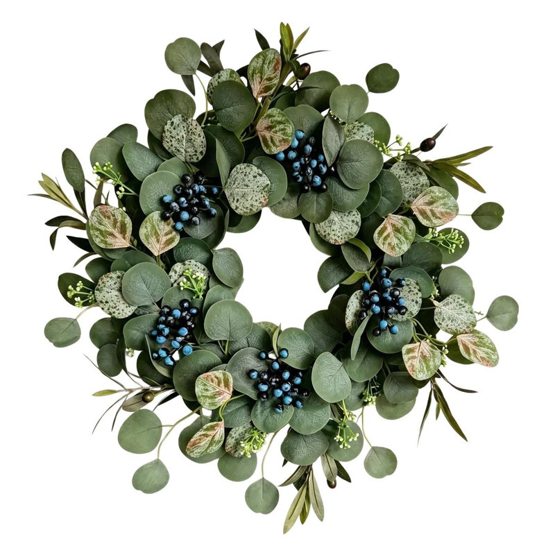 Couronnes de 20 pouces pour la porte d'entrée, couronne de printemps vert avec fausse oreille d'agneau, feuilles d'eucalyptus