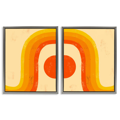 Soleil couchant sous un ton chaud arc-en-ciel, ensemble de 2 toiles flottantes encadrées par Daphne Polselli