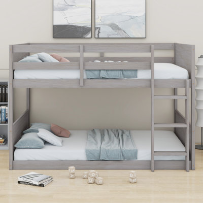 Floor Bunk Bed With Panelled Headboard And Footboard, Solid Wood Foundation With Safety Guardrails, Built-In Ladder