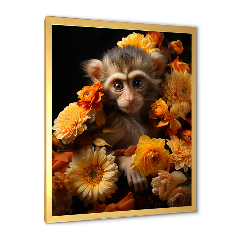 Jaune automnal, palette de singe - art mural singe, Cadre doré simple, H 32 po x l 24 po x P 1 po