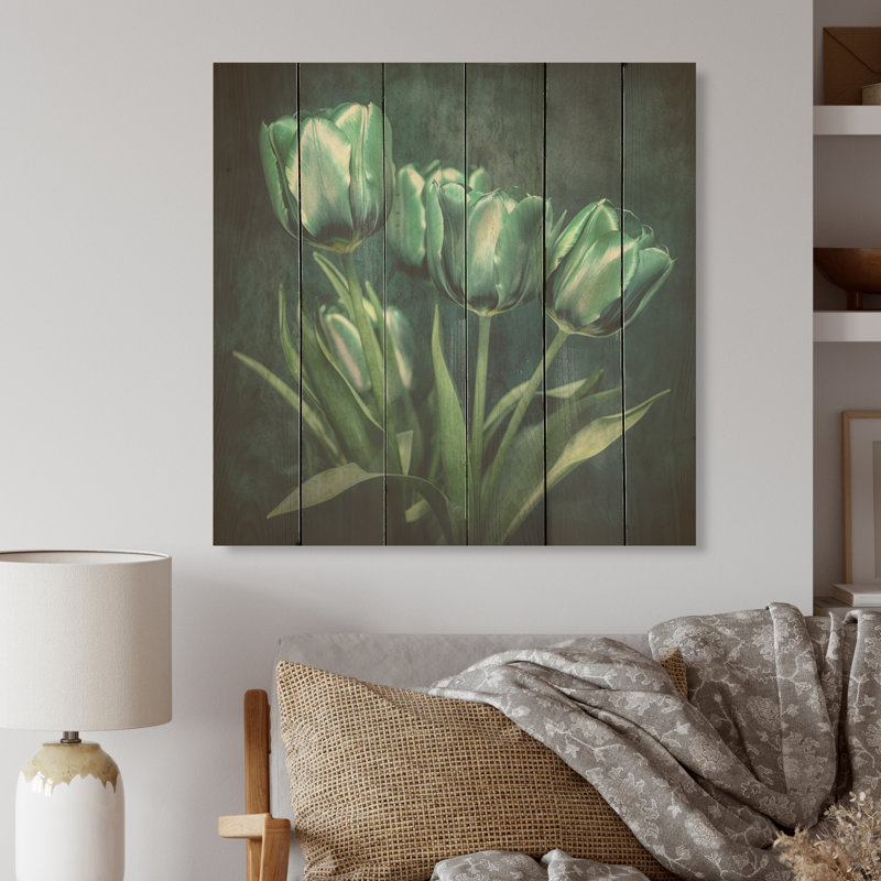 Vert éclatant - Tulipes, art mural sur bois de pin naturel, H 15 po x l 15 po