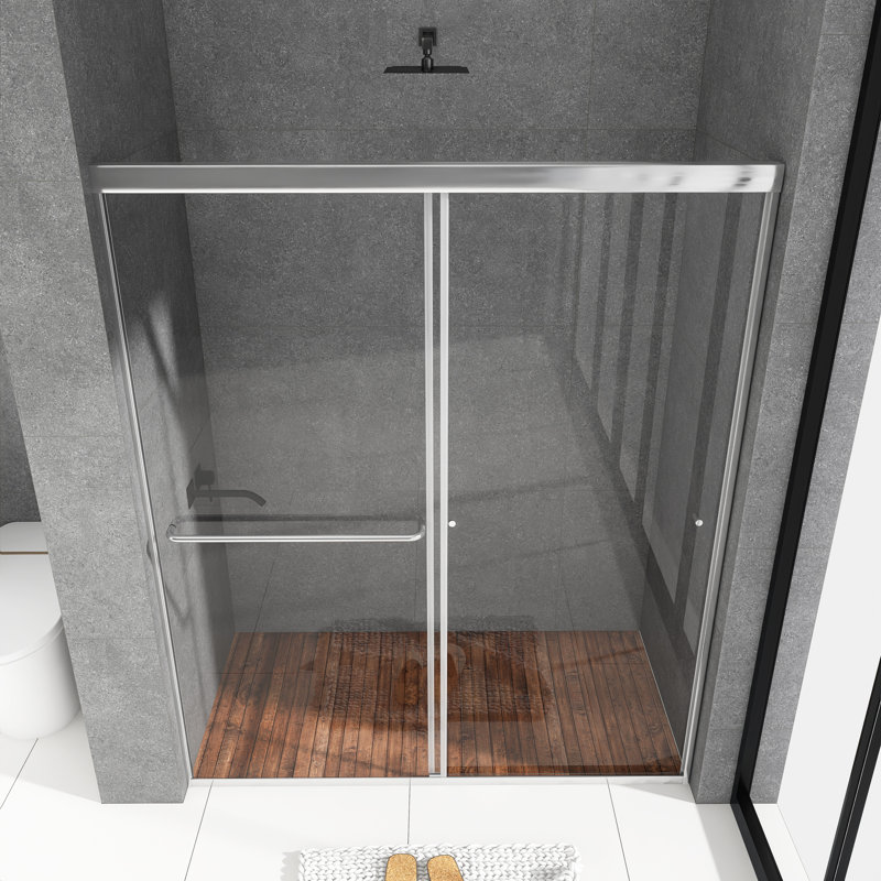 Porte de baignoire coulissante double encadrée l 60 po x H 72 po, Nickel, L 60 po