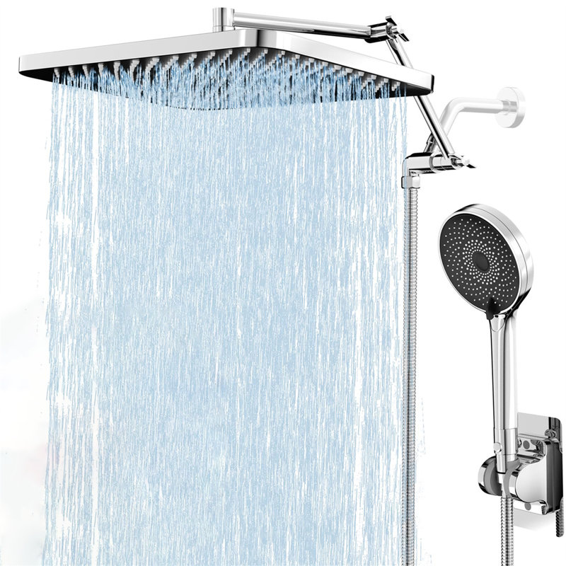 13-Inch Handheld Shower Head With Dual Rainfall Spray, Button Switch, 3 Spray Modes, Adjustable Extension Arm & 71-Inch Stainless Steel Hose